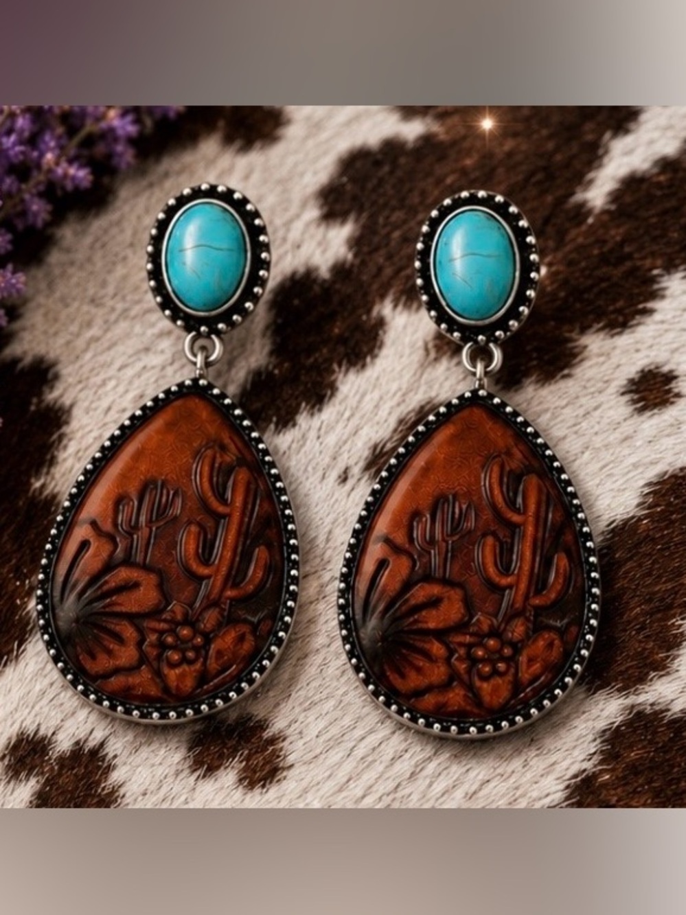 Turquoise and Brown Teardrop Western Earrings - Women Jewelry